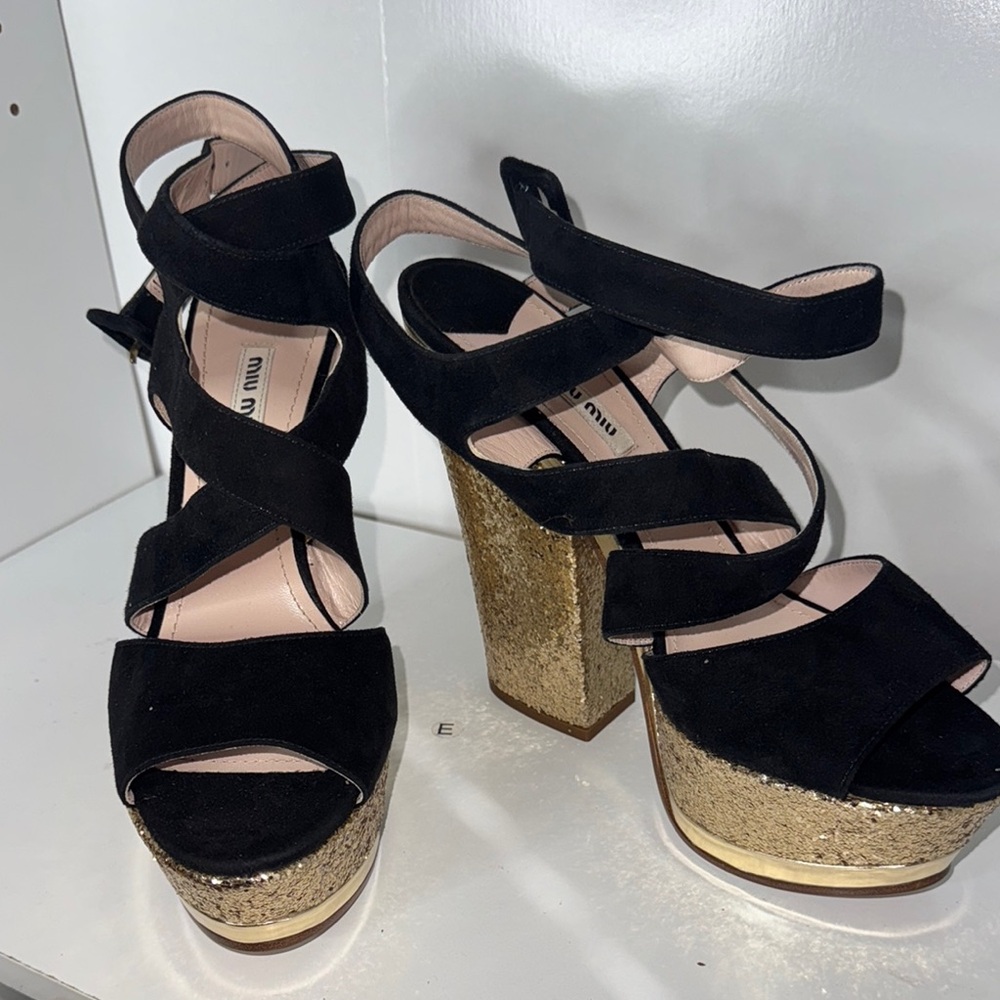 Miu Miu Black and Gold Women's Platform Sandals